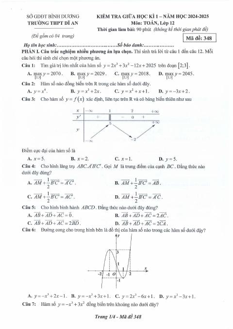 Đề thi Giữa kì 1 Toán 12 năm 2024-2025 trường THPT Dĩ An (Bình Dương)